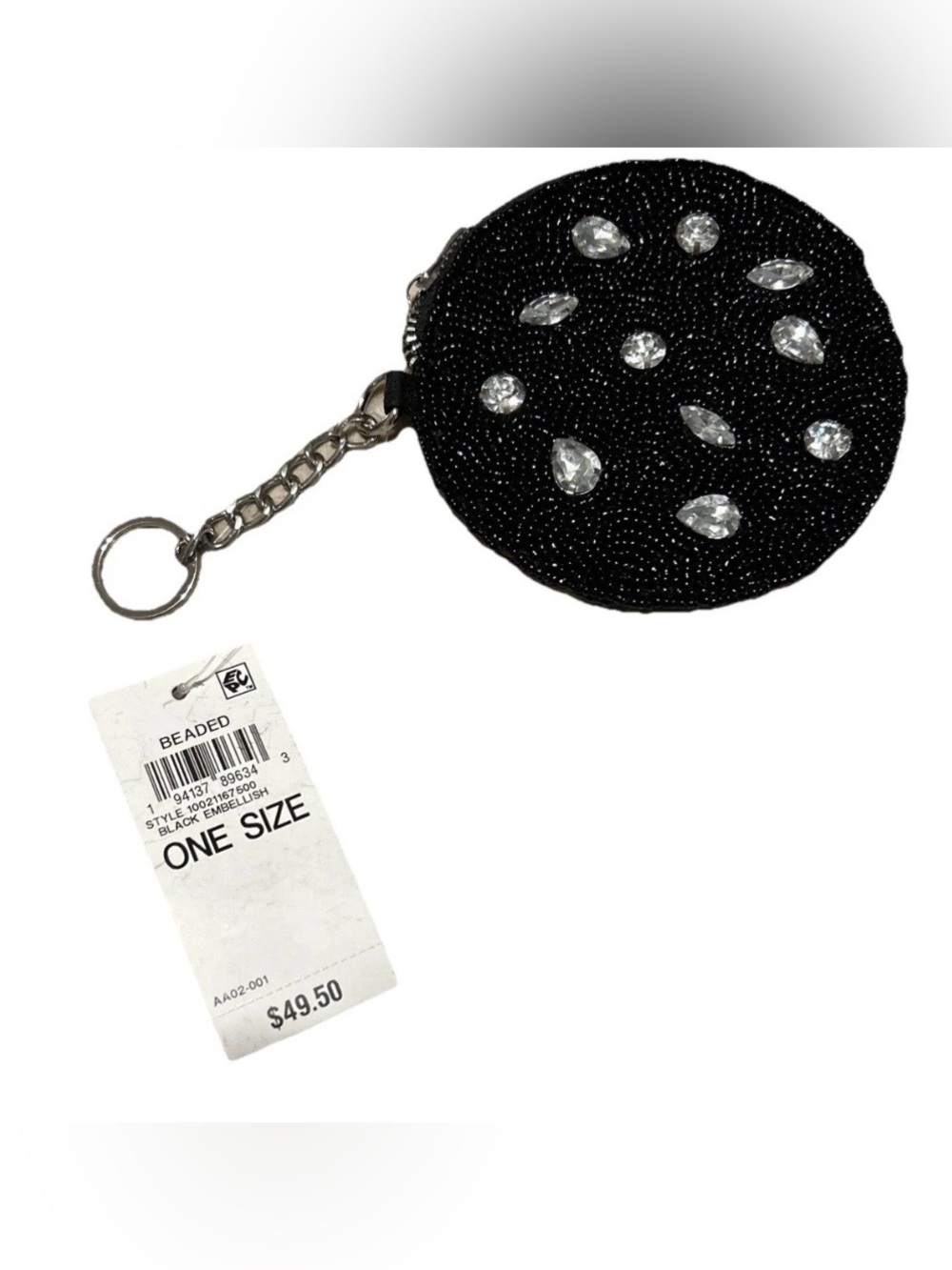 NWT On 34th Hand Beaded Coin Cards Pouch Black With Clear rhinestones Round